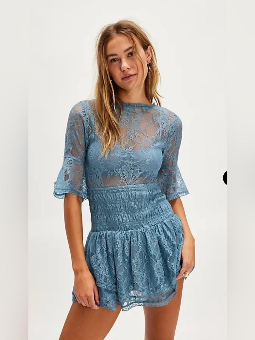 Free People LaLa Lace Overlay Smocked Waist Mini Dress Dusty Blue XS NWOT